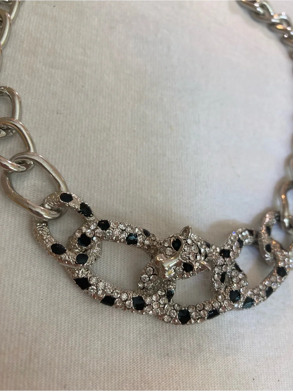 Panther Animal Big Cat Silver Tone Necklace Clear & Black Stones